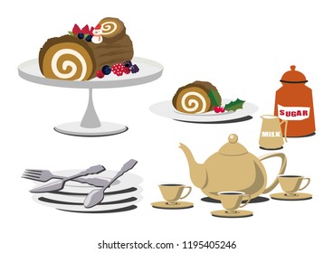 Material collection of sweets.Illustration of cakes and tea.
Bush de Noel's table set.
Roll cake clip art.