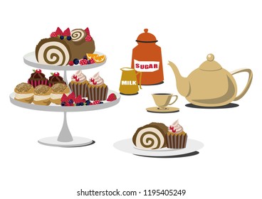 Material collection of sweets.Illustration of cakes and tea.
Bush de Noel's table set.
Roll cake clip art.