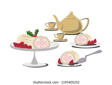 Material collection of sweets.Illustration of cakes and tea.
Bush de Noel's table set.
Roll cake clip art.