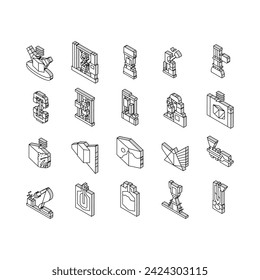 material construction engineer isometric icons set. building industry, design site, worker work, engineering house, cement, brick material construction engineer color line