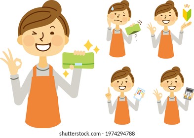 Material of a cute woman wearing an apron and posing with various things (no outline)