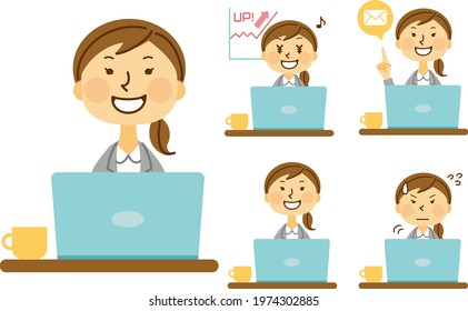 Material of a cute woman wearing a suit and posing in front of a computer (no outline)
