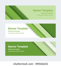 Material design banners. Set of modern green horizontal vector banners, page headers. Can be used as a trendy business template or in a web design. Vector illustration.