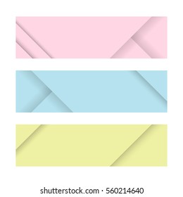 Material design banners. Set of modern colorful horizontal vector banners. Pink, blue and yellow page headers. Can be used as a trendy business template or in a web design. Vector illustration.