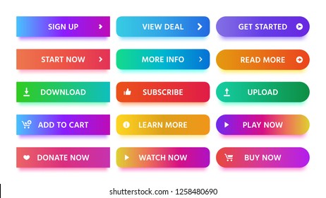 Material design button. Modern colorful gradients, vivid color buttons with icons. Actions gradient navigation interface button add to cart, upload and play now isolated vector symbols set