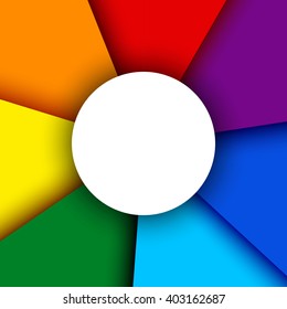 Material design color spectrum background, rainbow layered paper backdrop with white circle place for text, abstract sheets template vector illustration, used for paint or artistic shops
