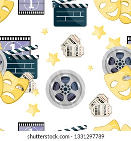 Material design endless repeating film background pattern. Elements of going to the cinema. Modern seasonal design, wrapping paper, clothing with textile print.