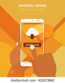 Material design hands holding mobile device with downloading app, on trendy material background