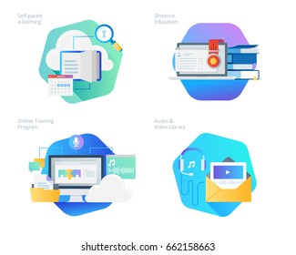 Material design icons set for distance education, audio and video library, online training and courses, self-paced e-learning. UI/UX kit for web design, applications, mobile interface, print design. 