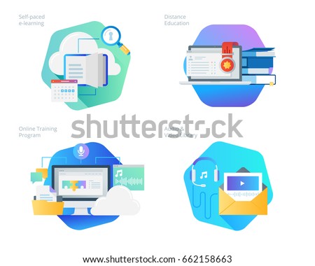 Material design icons set for distance education, audio and video library, online training and courses, self-paced e-learning. UI/UX kit for web design, applications, mobile interface, print design. 