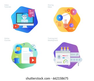 Material design icons set for education, video tutorials, online courses, training and development, sharing ideas. UI/UX kit for web design, applications, mobile interface, print design. 