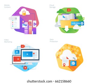 Material design icons set for mobile services and solutions, cloud storage, video marketing, data protection. UI/UX kit for web design, applications, mobile interface, infographics and print design. 