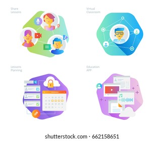 Material design icons set for online education, apps, virtual classroom, education network, lecture program for teachers. UI/UX kit for web design, applications, mobile interface, print design. 