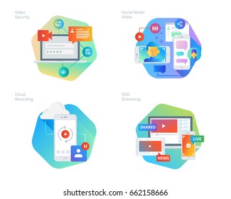 Material Design Icons Set For Social Media Video, Cloud Recording, VOD Streaming, Video Security, Online Video Streaming. UI/UX Kit For Web Design, Applications, Mobile Interface, Print Design. 