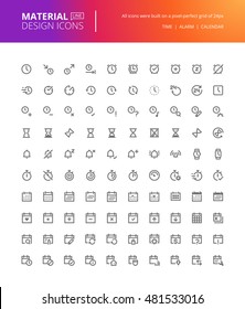 Material design icons set. Thin line pixel perfect icons for time and date, alarm, calendar, events, reminder, organization, schedule, to do list. Premium quality icons for website and app design.