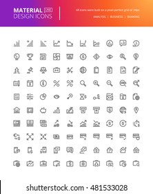 Material design icons set. Thin line pixel perfect icons for business analysis, finance and banking. Premium quality icons for website and app design.