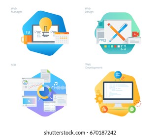 Iconos de diseño de material para el diseño y desarrollo web, SEO, administrador web. Kit UI/UX para diseño web, aplicaciones, interfaz móvil, infografía y diseño de impresión. 