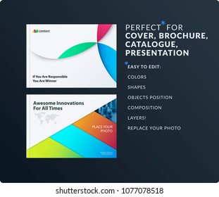 Material design presentation template with colourful circles intersections. Abstract vector set of modern horizontal banners