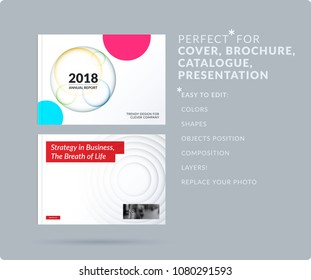 Material design presentation template with colourful circles intersections. Abstract vector set of modern horizontal banners