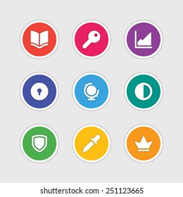 Material design style icons vector sign and symbols: Book, Graph, Globe, Crown, Pipette, Shield, Key, Options, Lock. Elements for website, web banners, mobile apps, ui and other design. 