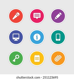 Material design style icons vector sign and symbols: Microphone, Speech bubble, Pencil, Screen, Information, Document, Clip, Key. Elements for website, web banners, mobile apps, ui and other design. 