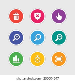 Material design style icons vector sign and symbols: Hand cursor, Finger pointing, Basket, Security shield, Magnifier, Search. Elements for website, web banners, mobile apps, ui and other design. 