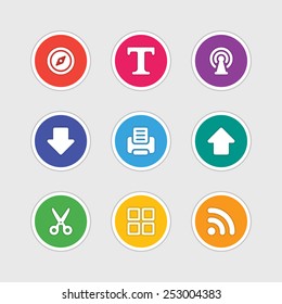 Material design style icons vector sign and symbols: Compass, Text, Antenna, Arrow, Upload, Download, Printer, Signal. Elements for website, web banners, mobile apps, ui and other design. 
