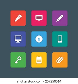 Material design style icons vector sign and symbols Microphone, Speech bubble, Pencil, Screen, Information, Document, Clip, Key. Elements for website, web banners, mobile apps, ui and other design. 