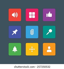 Material design style icons vector sign and symbols Speaker, Thumbs Up, User profile, Pin, Navigation, Clip, Bell. Elements for website, web banners, mobile apps, ui and other design. 