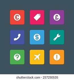 Material design style icons vector sign and symbols Euro, Tag, Telephone tube, Dollar, Airplane, Attention, Question, wrench. Elements for website, web banners, mobile apps, ui and other design. 