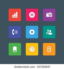 Material design style icons vector sign and symbols Graph, CD, Photo camera, Telephone, Gear, Users, Battery, Clock. Elements for website, web banners, mobile apps, ui and other design. 