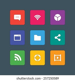 Material design style icons vector sign and symbols Message, Wi-fi, Chart, Folder, Share, Video. Elements for website, web banners, mobile apps, ui and other design. 