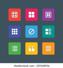 Material design style icons vector sign and symbols Zoom, Resize, Gallery, Quote, Menu. Elements for website, web banners, mobile apps, UI and other design. 