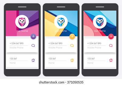 Material design style kit for mobile applications. Three colorful vivid banner pattern designs with owl avatar profile pictures