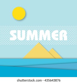 Material design style summer landscape vector illustration. Holiday tropical island theme with ocean. Eps10 vector illustration.