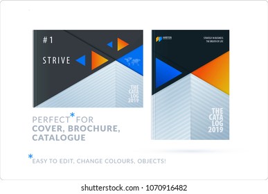 Material design template. Creative blue orange colourful abstract brochure set, annual report on black background