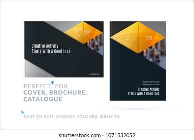 Material design template. Creative yellow colourful abstract brochure set, annual report on black background