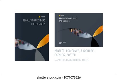 Material design template with yellow grey colourful circles intersections. Creative abstract brochure set, annual report, horizontal cover, flyer