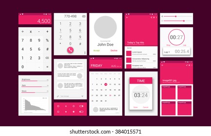 Material Design UI, UX, GUI Screens with flat web icons for mobile apps, responsive websites with Calculator, Calling, Preview Message, Calendar, Music, Time, Stopwatch and Image Gallery Features. 