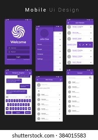 Material Design UI, UX, GUI Screens with flat web icons for mobile apps, responsive websites with Login Screen, Add Friends Screen, Message Preview Screen, Group Screen and Contact List Screen. 