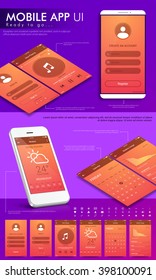 Material Design UI, UX, GUI template layout and flat web icons for mobile apps, responsive website with Create Account, Sign In, Music Player, Weather, Calendar and Battery Usage screens. 