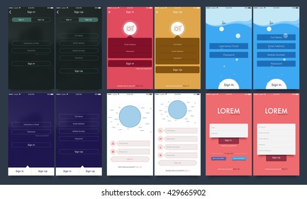 Material Design UI, UX and GUI template set with six different Account Sign In and Sign Up Screens for Mobile Apps and Responsive Website.