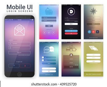 Material Design UI, UX and GUI layout with different glossy Login Screens including Account Sign In and Sign Up features for Mobile Apps and Responsive Website.