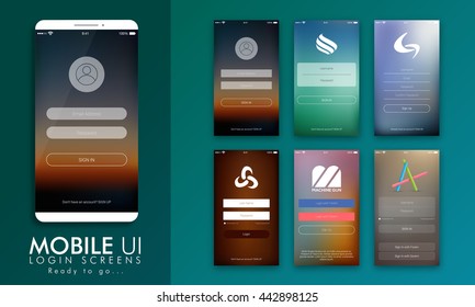 Material Design UI, UX and GUI layout with different glossy Login Screens including Account Sign In and Sign Up features for Mobile Apps and Responsive Website.