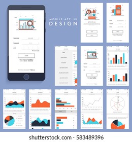 Material Design, UI, UX and GUI for business mobile apps with various screens presentation showing statistical infographic elements.