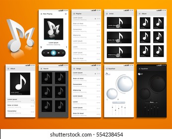 Material Design UI, UX Screen, flat web icons for musical mobile apps, responsive websites with Welcome, Music-track, Setting, Thumbnail Preview Screens.