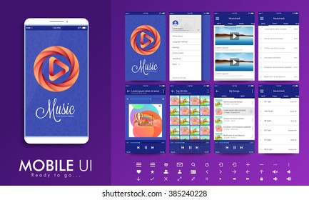 Material Design UI, UX Screens, flat web icons for musical mobile apps, responsive websites with Welcome Screens, Music-track Screens, Setting Screens, Thumbnail Preview Screens.