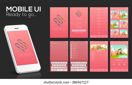 Material Design UI, UX Screens, flat web icons for musical mobile apps, responsive websites with Welcome Screens, Music-track Screens, Setting Screens, Thumbnail Preview Screens.