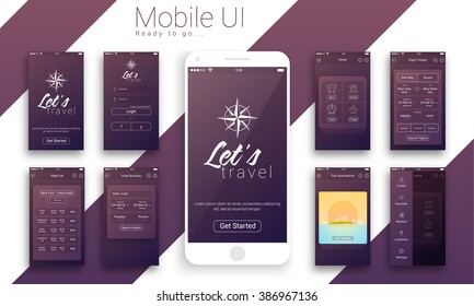 Material Design UI, UX Screens, flat web icons for travel mobile apps, responsive websites with welcome screen, login screen, home screen, booking preview screen, setting screen. 