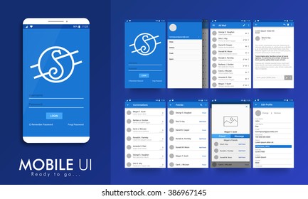 Material design UI, UX screens, flat web icons for mobile apps, responsive websites. login, email profile setting, inbox, email preview, conversation, friends, message preview, edit profile screens. 